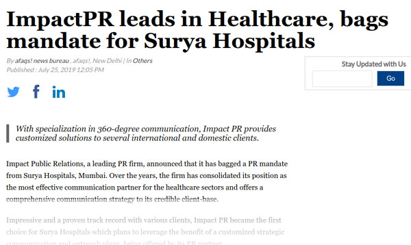 ImpactPR leads in Healthcare, bags mandate for Surya Hospitals